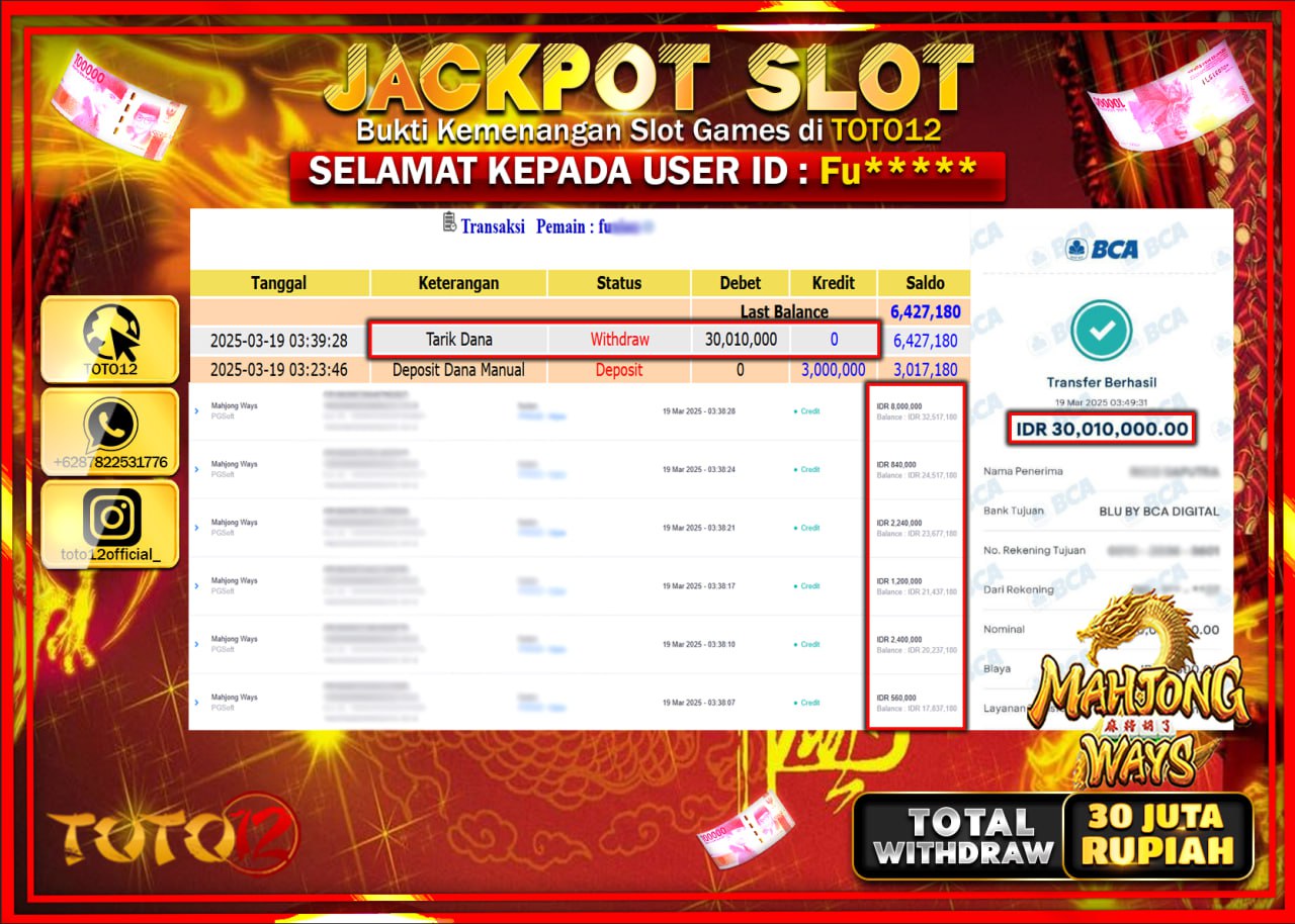 HANYA DI TOTO12 JP PASTI DI BAYAR LUNAS DAN CEPAT!!!!!! JACKPOT SLOT GAME (MAHJONG WAYS) Rp.30.000.000 !!!!