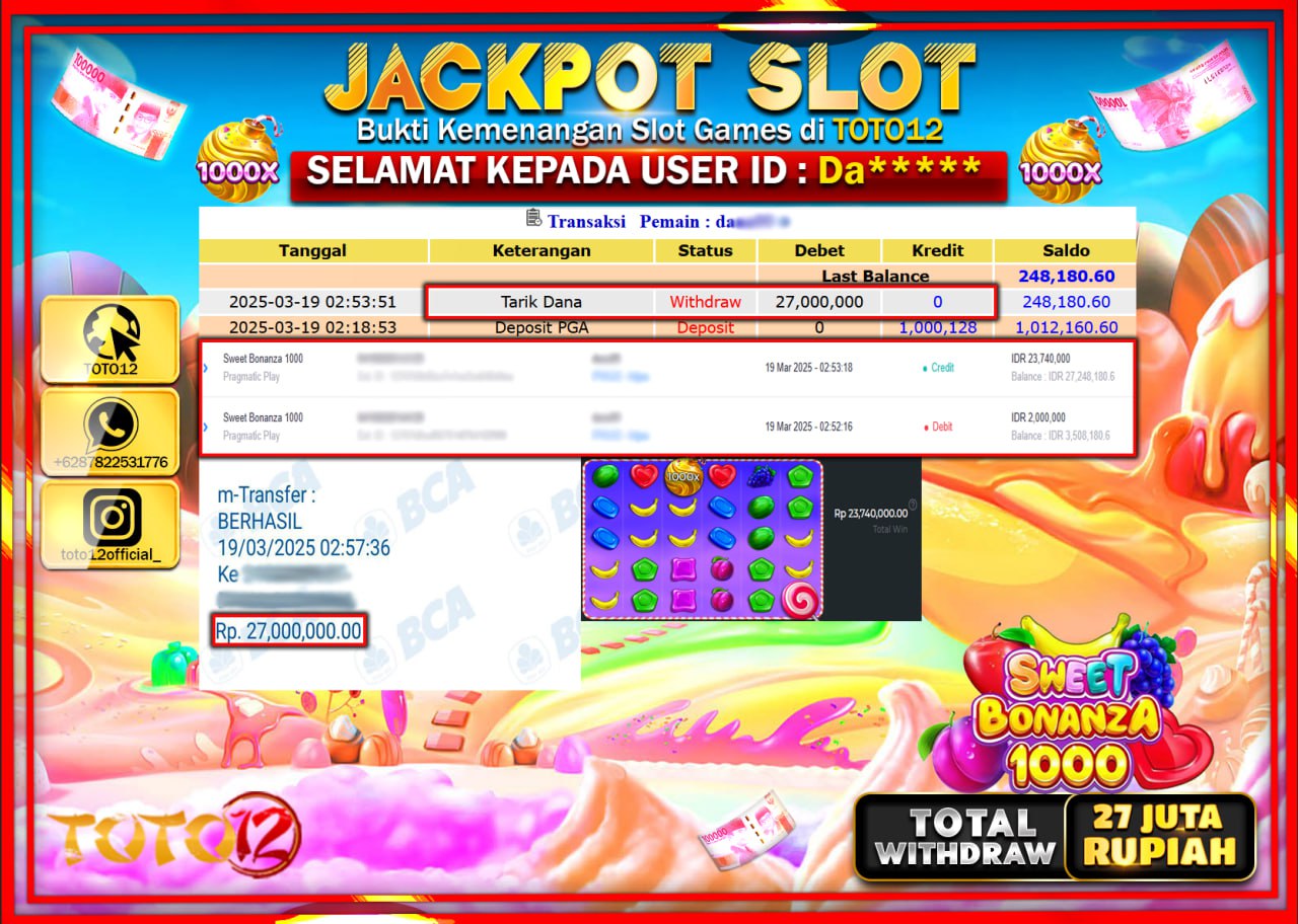 HANYA DI TOTO12 JP PASTI DI BAYAR LUNAS DAN CEPAT!!!!!! JACKPOT SLOT GAME (SWEET BONANZA 1000) Rp.27.000.000 !!!!