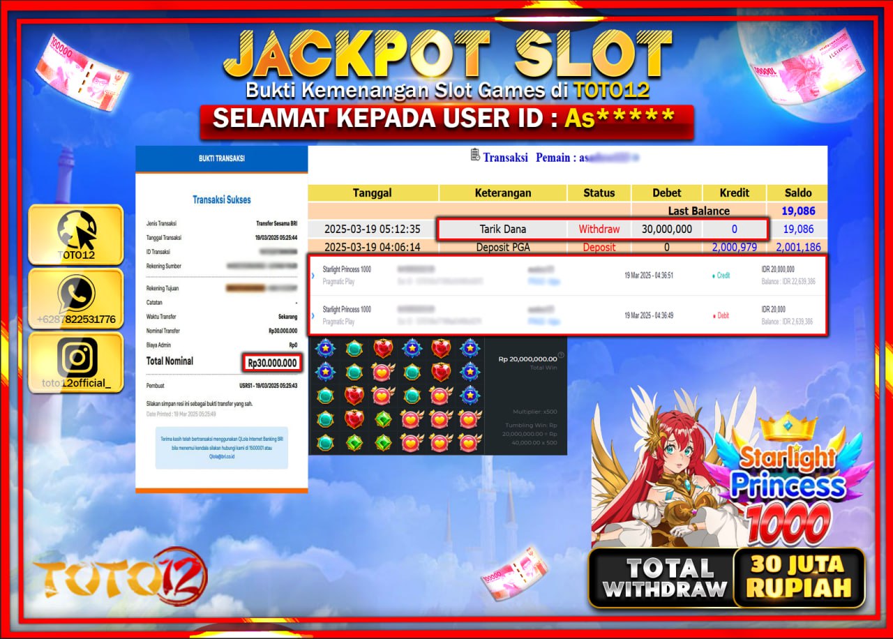 HANYA DI TOTO12 JP PASTI DI BAYAR LUNAS DAN CEPAT!!!!!! JACKPOT SLOT GAME (STARLIGHT PRINCESS 1000) Rp.30.000.000 !!!!