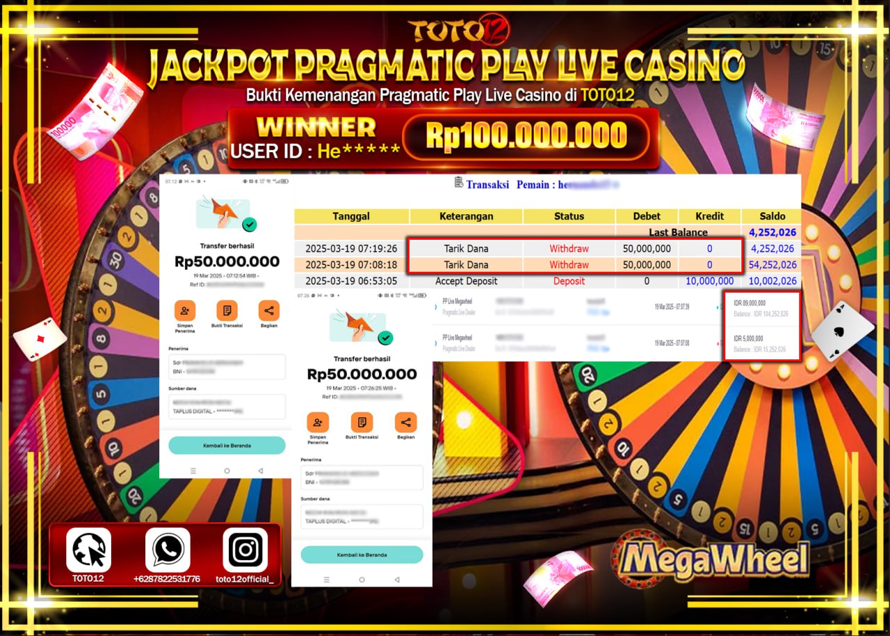 HANYA DI TOTO12 JP PASTI DI BAYAR LUNAS DAN CEPAT!!!!!! JACKPOT PRAGMATIC PLAY LIVE CASINO (MEGA WHEEL) Rp.100.000.000 !!!!