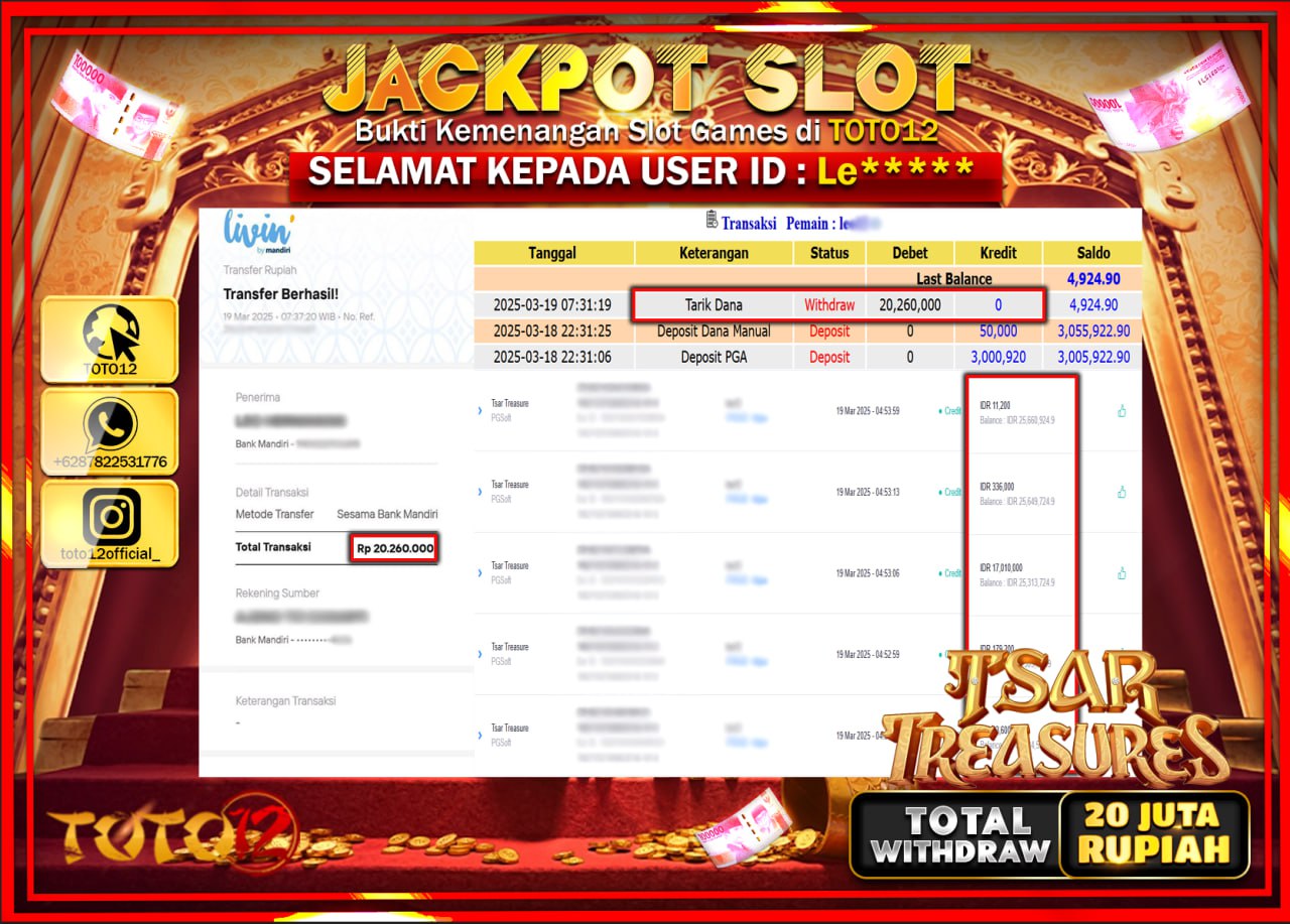 HANYA DI TOTO12 JP PASTI DI BAYAR LUNAS DAN CEPAT!!!!!! JACKPOT SLOT GAME (TSAR TREASURES) Rp.20.000.000 !!!!