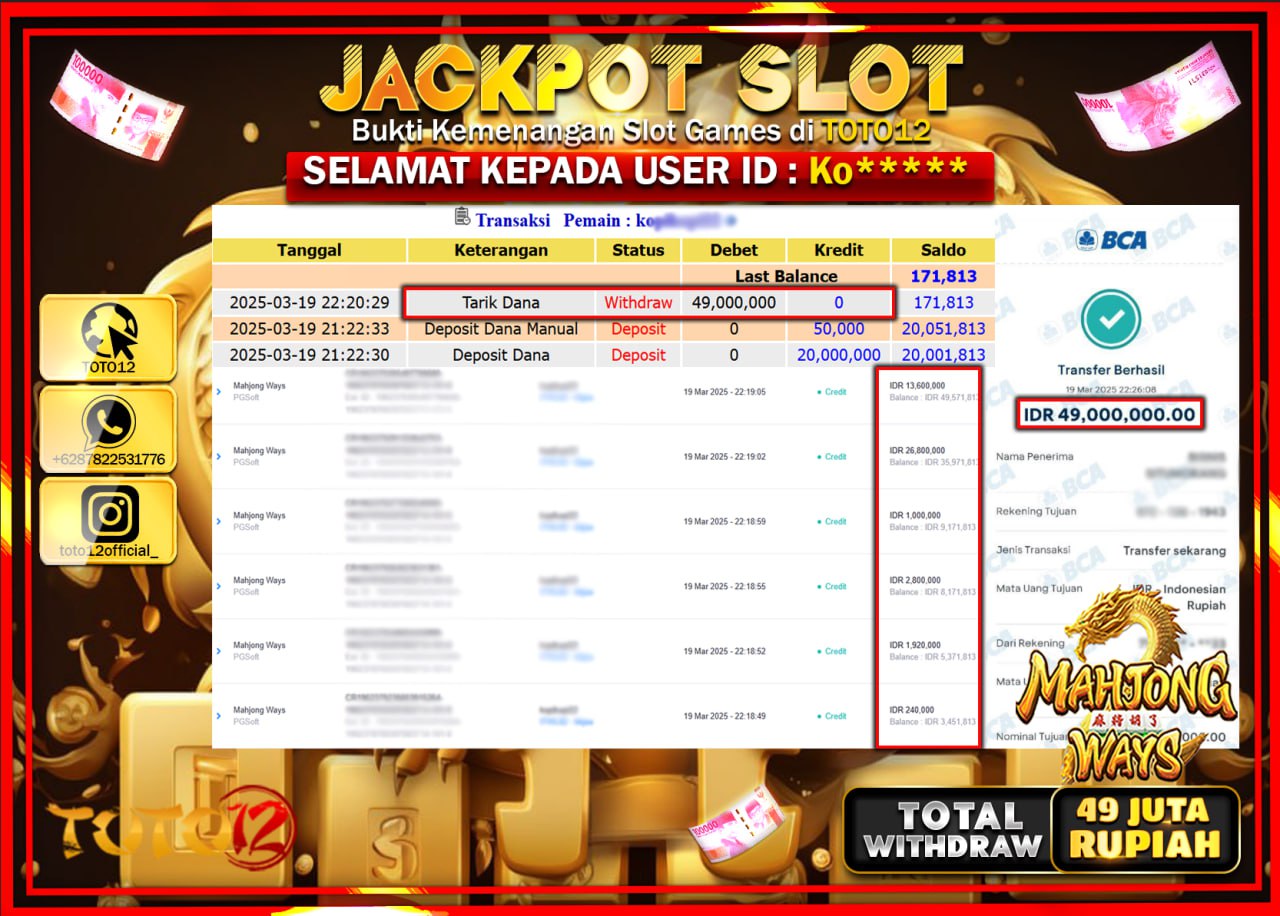 HANYA DI TOTO12 JP PASTI DI BAYAR LUNAS DAN CEPAT!!!!!! JACKPOT SLOT GAME (MAHJONG WAYS) Rp.49.000.000 !!!!