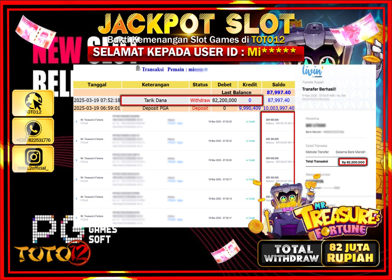HANYA DI TOTO12 JP PASTI DI BAYAR LUNAS DAN CEPAT!!!!!! JACKPOT SLOT GAME (MR TREASURES FORTUNE) Rp.82.000.000 !!!!