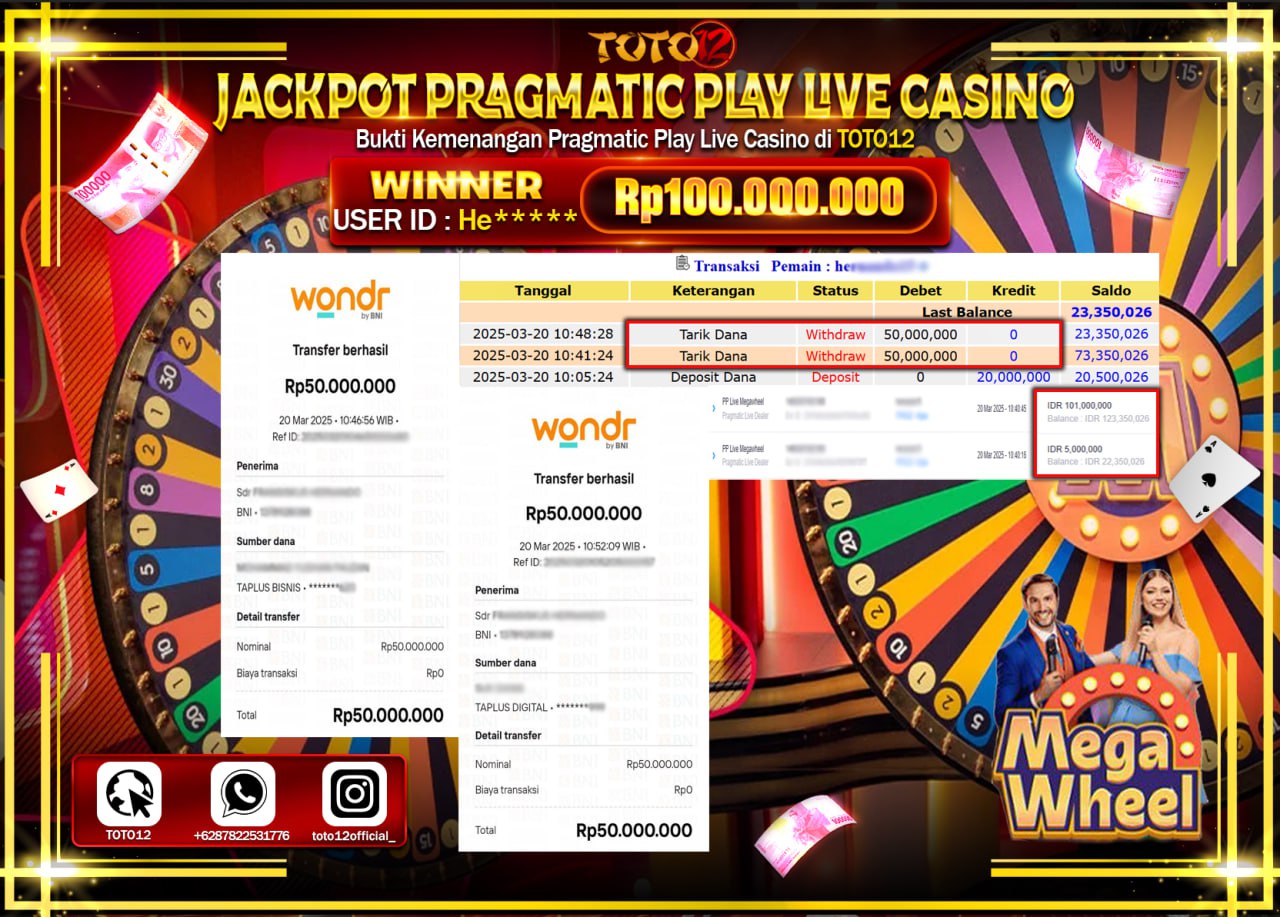 HANYA DI TOTO12 JP PASTI DI BAYAR LUNAS DAN CEPAT!!!!!! JACKPOT PRAGMATIC PLAY LIVE CASINO (MEGA WHEEL) Rp.100.000.000 !!!!
