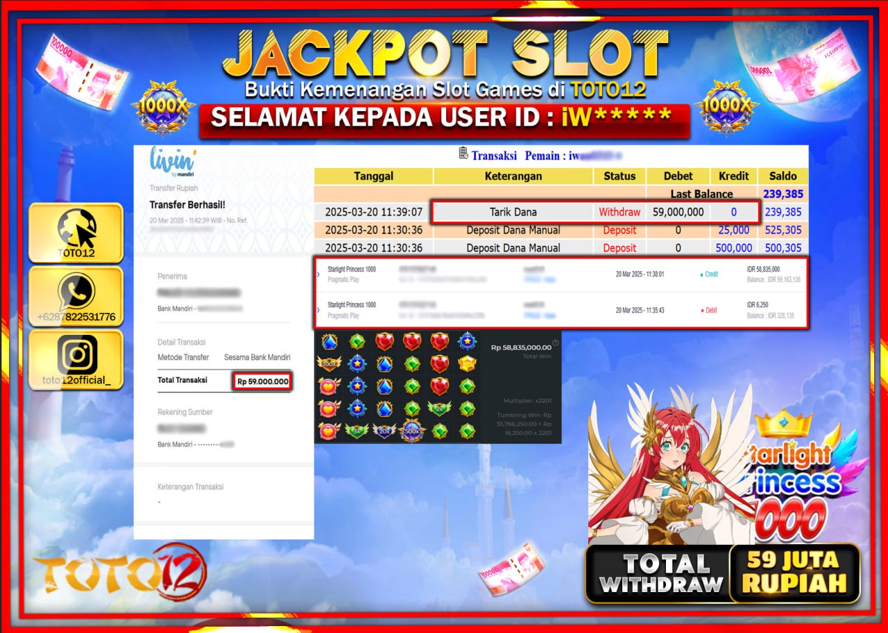 HANYA DI TOTO12 JP PASTI DI BAYAR LUNAS DAN CEPAT!!!!!! JACKPOT SLOT GAME (STARLIGHT PRINCESS 1000) Rp.59.000.000 !!!!