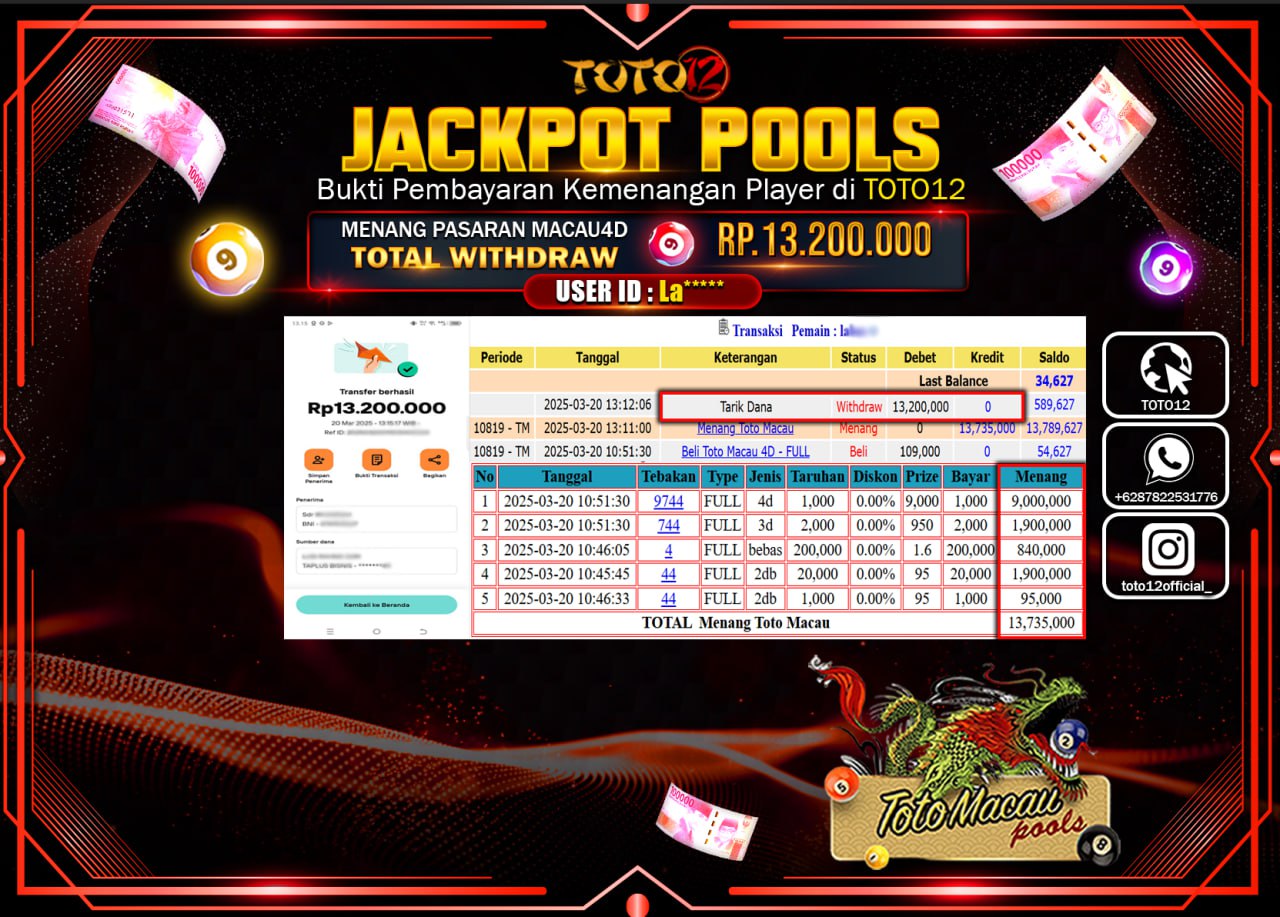 HANYA DI TOTO12 JP PASTI DI BAYAR LUNAS DAN CEPAT!!!!!! JACKPOT POOLS PASARAN (TOTO MACAU4D) Rp.13.200.000 !!!!