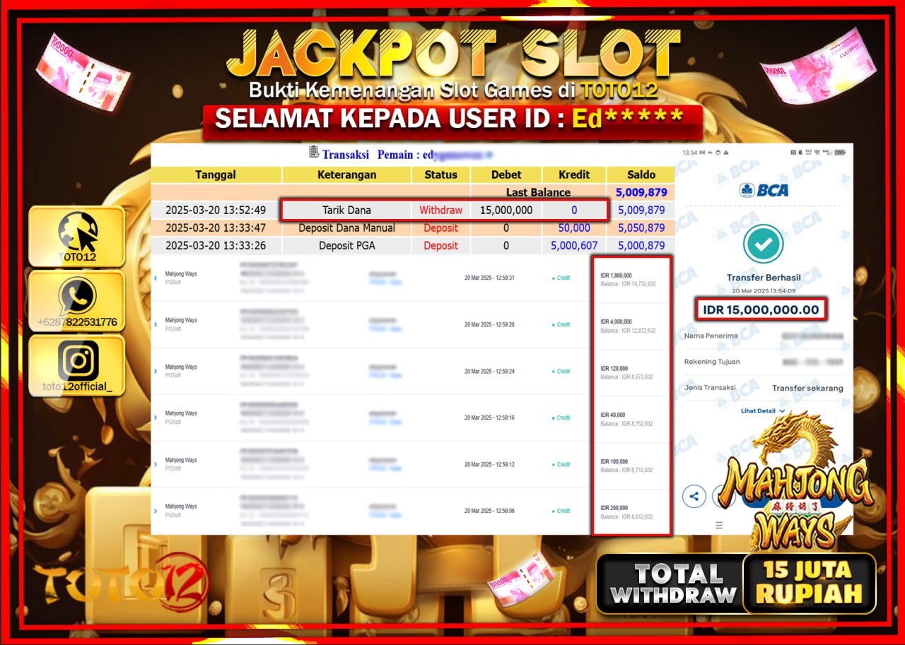 HANYA DI TOTO12 JP PASTI DI BAYAR LUNAS DAN CEPAT!!!!!! JACKPOT SLOT GAME (MAHJONG WAYS) Rp.15.000.000 !!!!