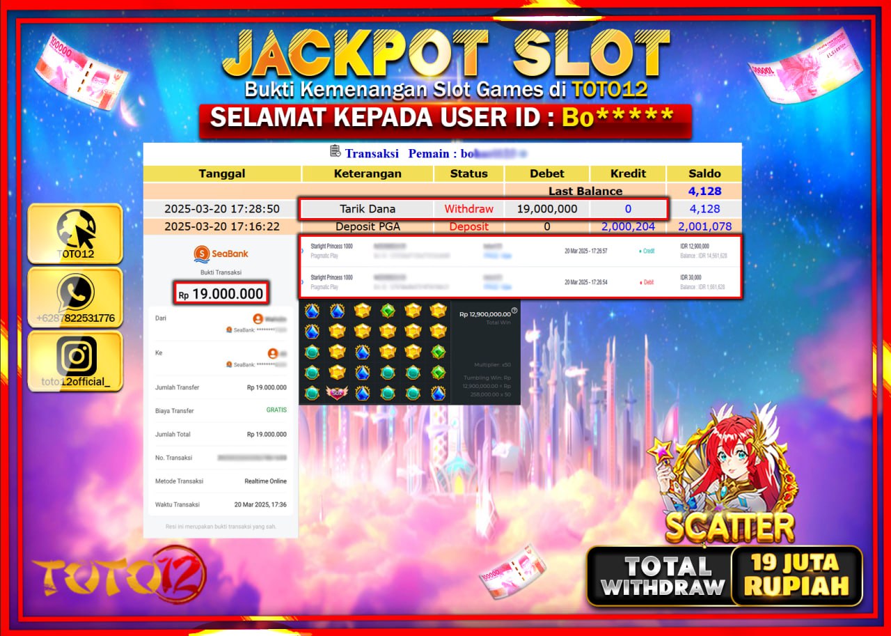 HANYA DI TOTO12 JP PASTI DI BAYAR LUNAS DAN CEPAT!!!!!! JACKPOT SLOT GAME (STARLIGHT PRINCESS 1000) Rp.19.000.000 !!!!