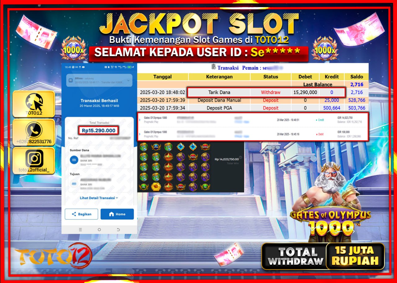 HANYA DI TOTO12 JP PASTI DI BAYAR LUNAS DAN CEPAT!!!!!! JACKPOT SLOT GAME (GATES OF OLYMPUS 1000) Rp.15.000.000 !!!!
