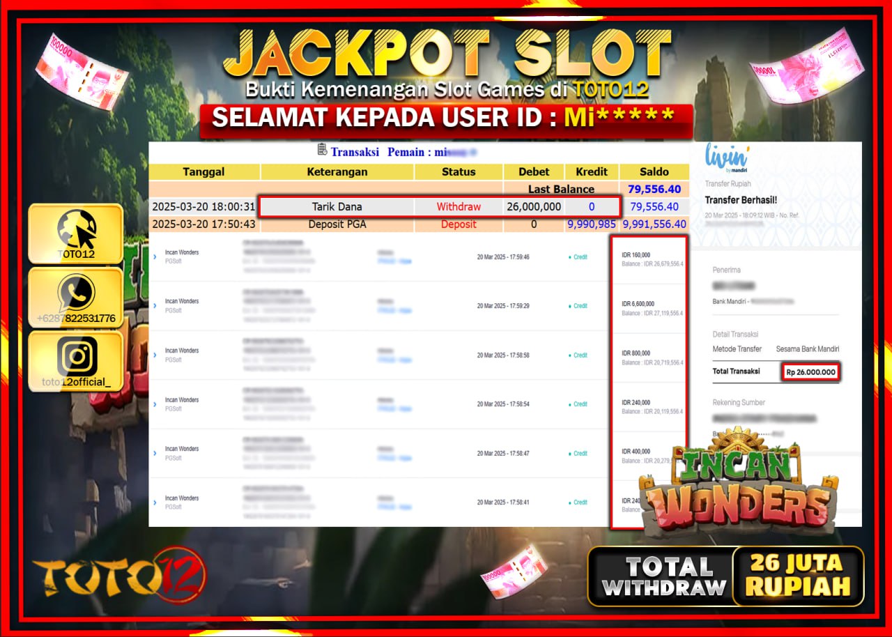 HANYA DI TOTO12 JP PASTI DI BAYAR LUNAS DAN CEPAT!!!!!! JACKPOT SLOT GAME (INCAN WONDERS) Rp.26.000.000 !!!!