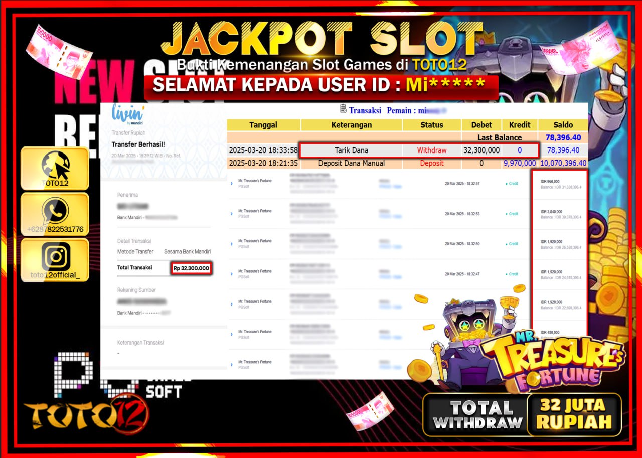 HANYA DI TOTO12 JP PASTI DI BAYAR LUNAS DAN CEPAT!!!!!! JACKPOT SLOT GAME (MR TREASURES FOTUNE) Rp.32.000.000 !!!!