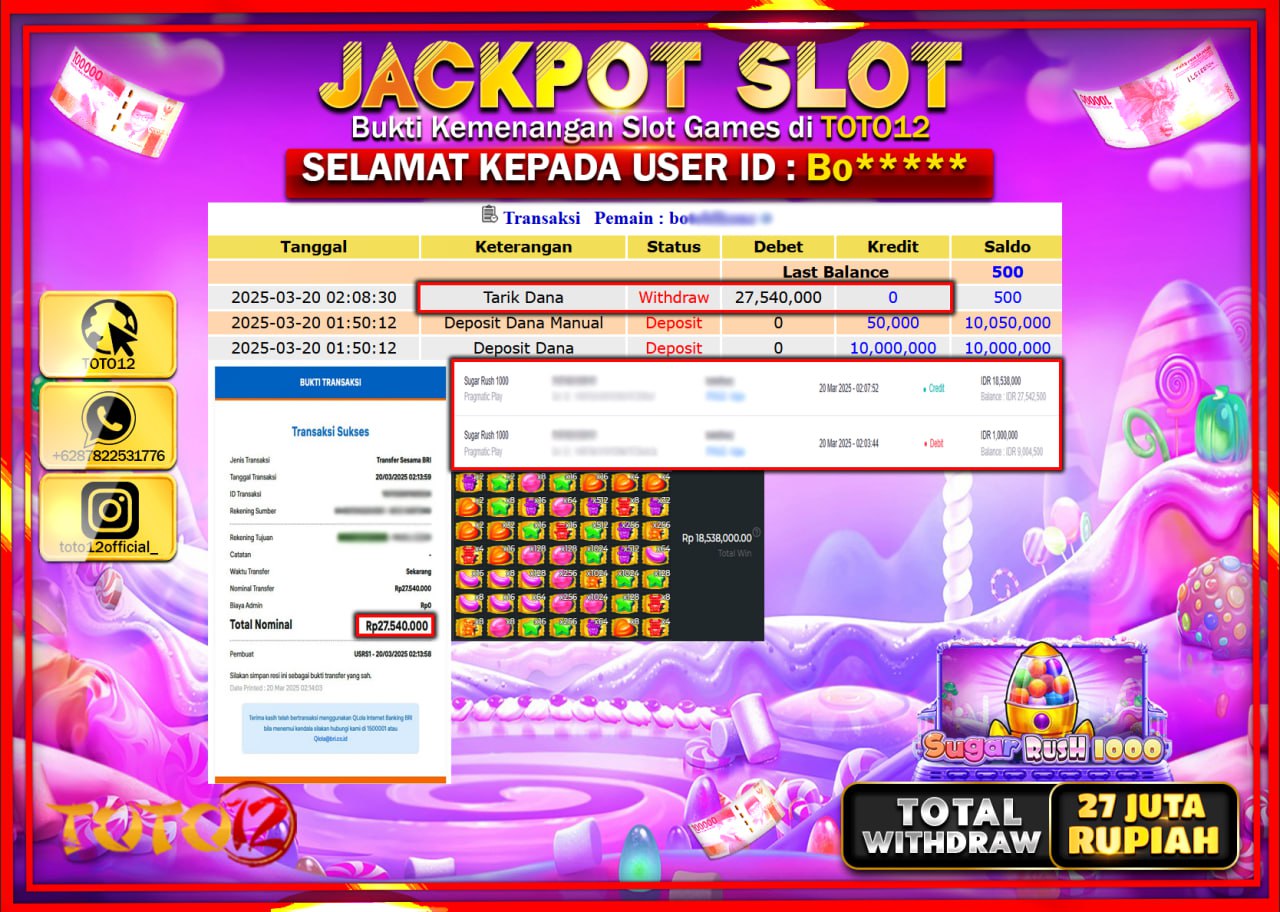 HANYA DI TOTO12 JP PASTI DI BAYAR LUNAS DAN CEPAT!!!!!! JACKPOT SLOT GAME (SUGAR RUSH 1000) Rp.27.000.000 !!!!