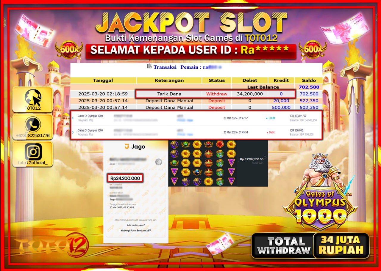 HANYA DI TOTO12 JP PASTI DI BAYAR LUNAS DAN CEPAT!!!!!! JACKPOT SLOT GAME (GATES OF OLYMPUS 1000) Rp.34.000.000 !!!!