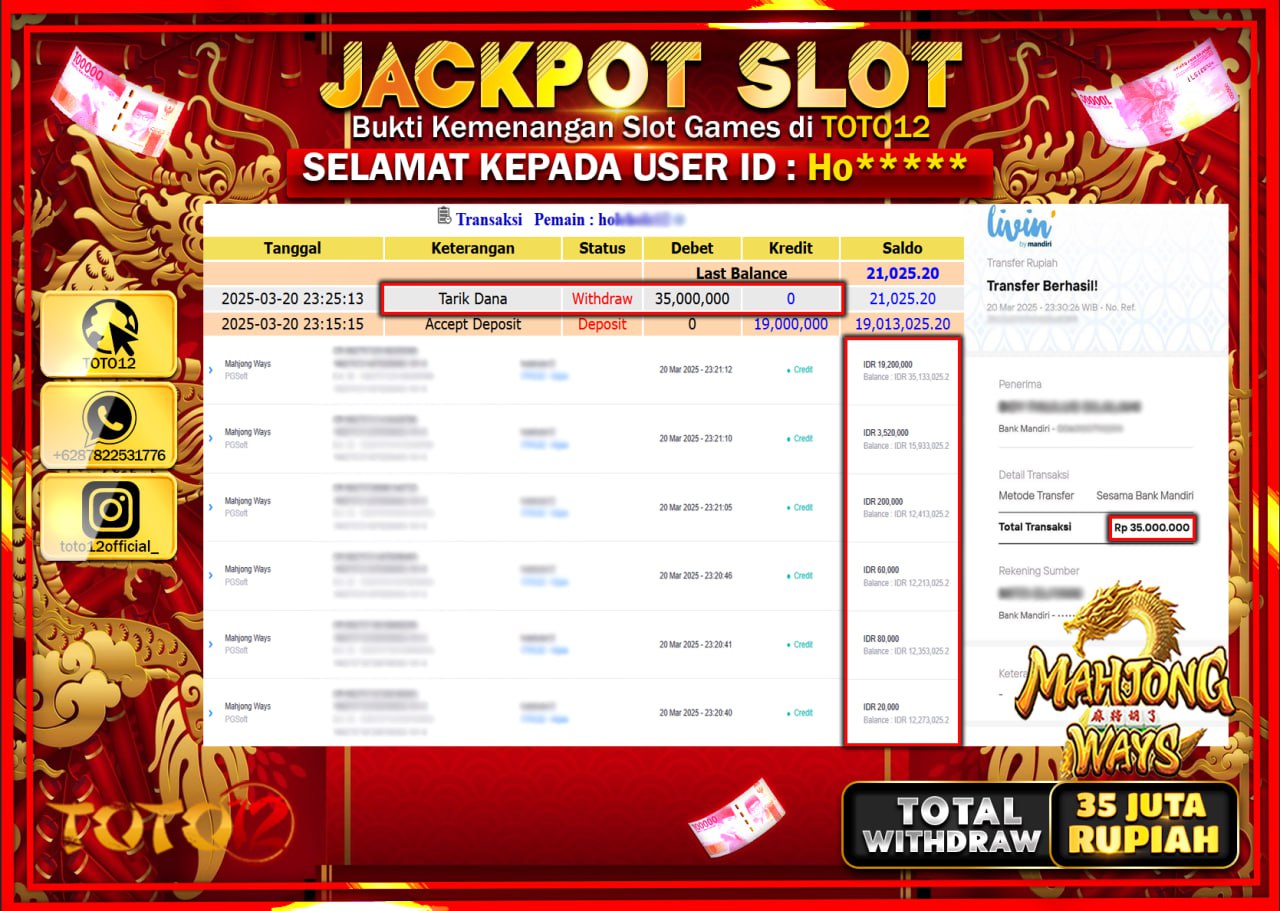HANYA DI TOTO12 JP PASTI DI BAYAR LUNAS DAN CEPAT!!!!!! JACKPOT SLOT GAME (MAHJONG WAYS) Rp.35.000.000 !!!!