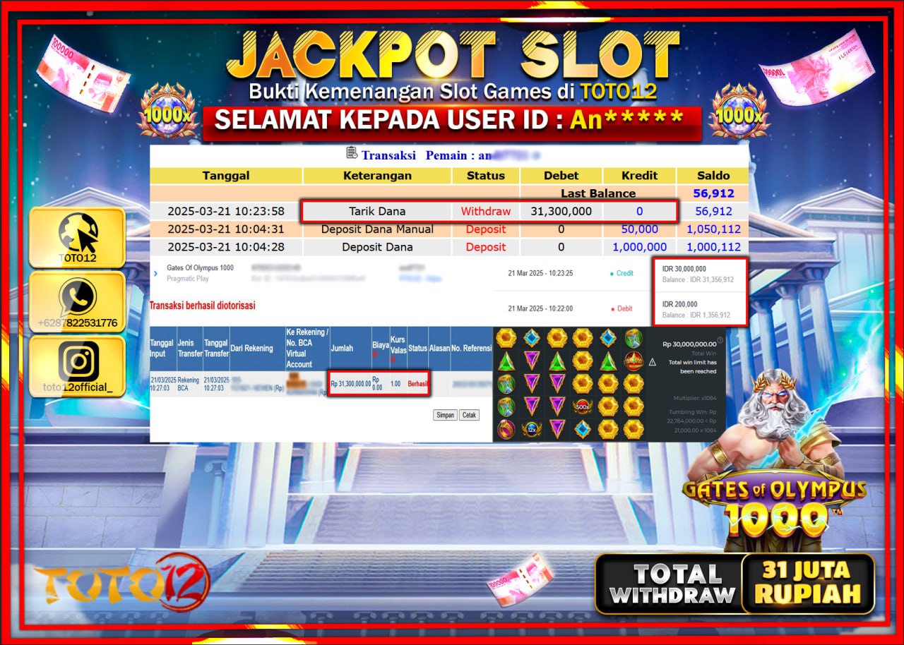 HANYA DI TOTO12 JP PASTI DI BAYAR LUNAS DAN CEPAT!!!!!! JACKPOT SLOT GAME (GATES OF OLYMPUS 1000) Rp.31.000.000 !!!!