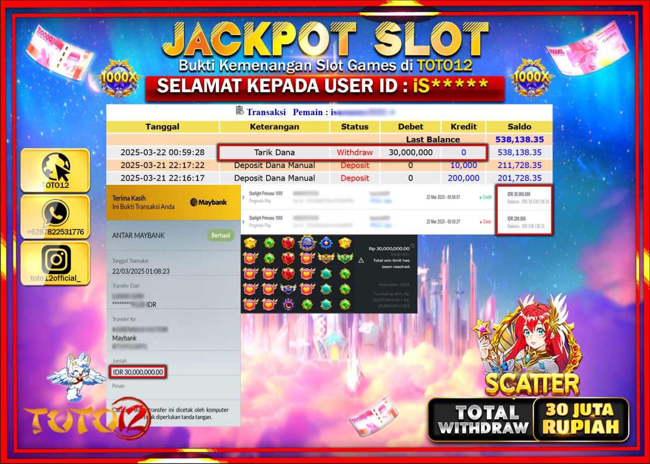 HANYA DI TOTO12 JP PASTI DI BAYAR LUNAS DAN CEPAT!!!!!! JACKPOT SLOT GAME (STARLIGTH PRINCESS 1000) Rp.30.000.000 !!!!
