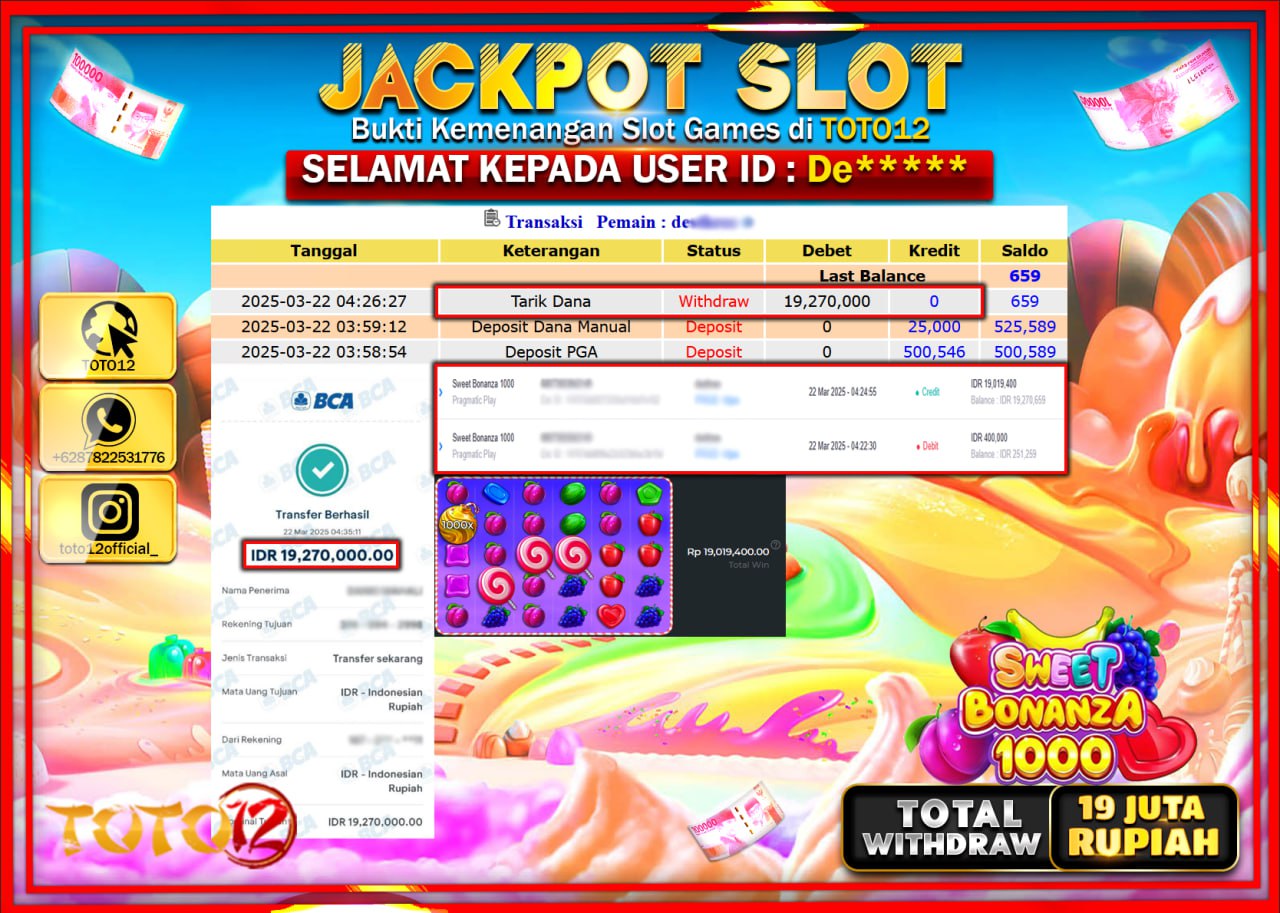HANYA DI TOTO12 JP PASTI DI BAYAR LUNAS DAN CEPAT!!!!!! JACKPOT SLOT GAME (SWEET BONANZA 1000) Rp.19.000.000 !!!!