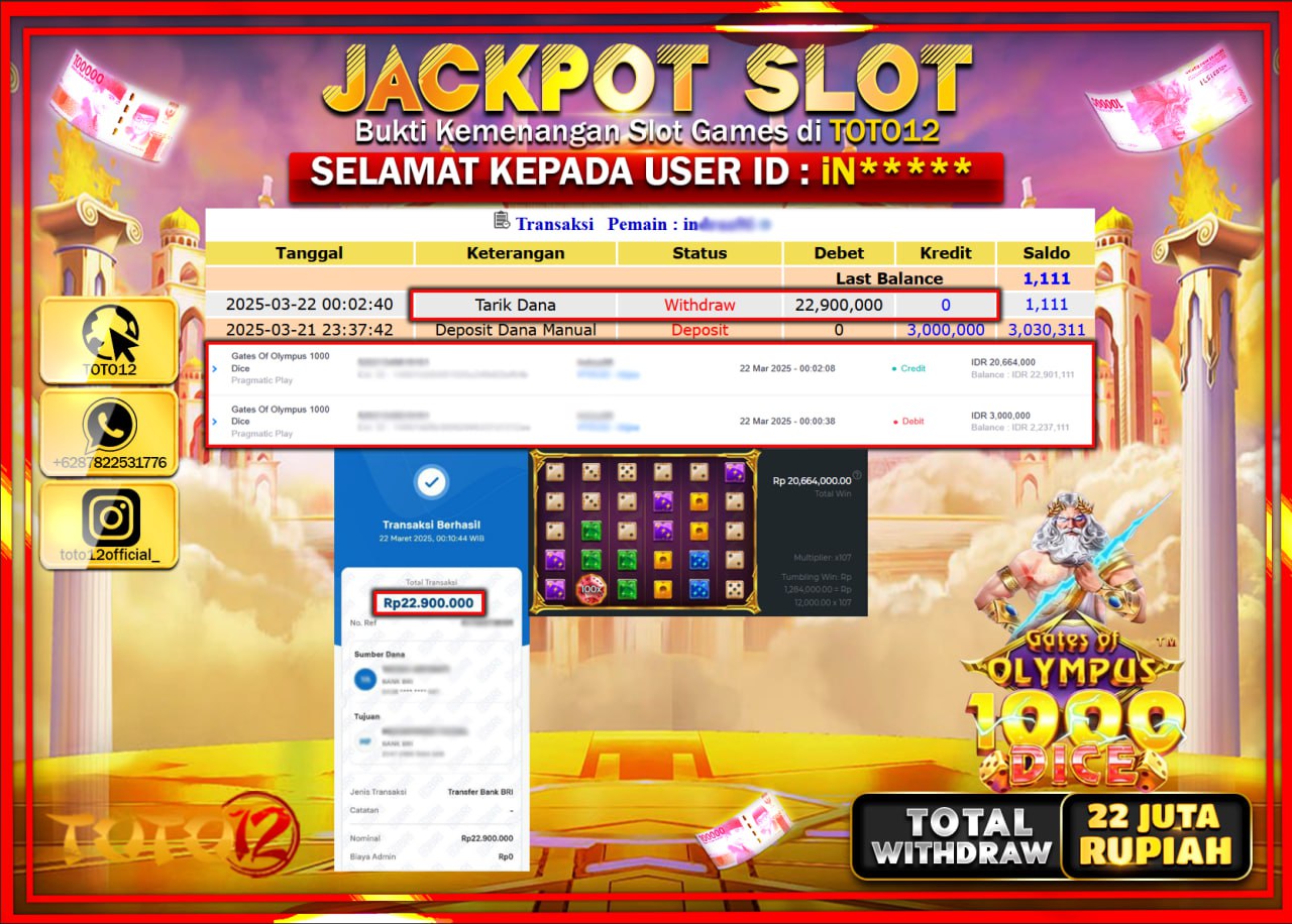 HANYA DI TOTO12 JP PASTI DI BAYAR LUNAS DAN CEPAT!!!!!! JACKPOT SLOT GAME (GATES OF OLYMPUS 1000 DICE) Rp.22.000.000 !!!!