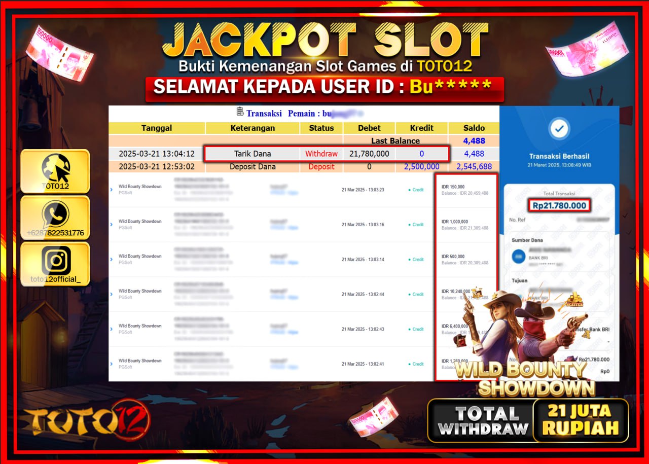 HANYA DI TOTO12 JP PASTI DI BAYAR LUNAS DAN CEPAT!!!!!! JACKPOT SLOT GAME (WILD BOUNTY SHOWDOWN) Rp.21.000.000 !!!!