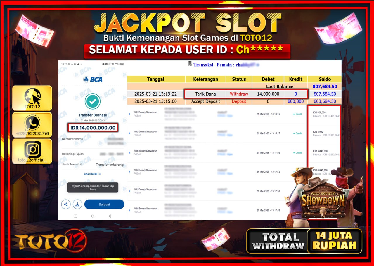 HANYA DI TOTO12 JP PASTI DI BAYAR LUNAS DAN CEPAT!!!!!! JACKPOT SLOT GAME (WILD BOUNTY SHOWDOWN) Rp.14.000.000 !!!!