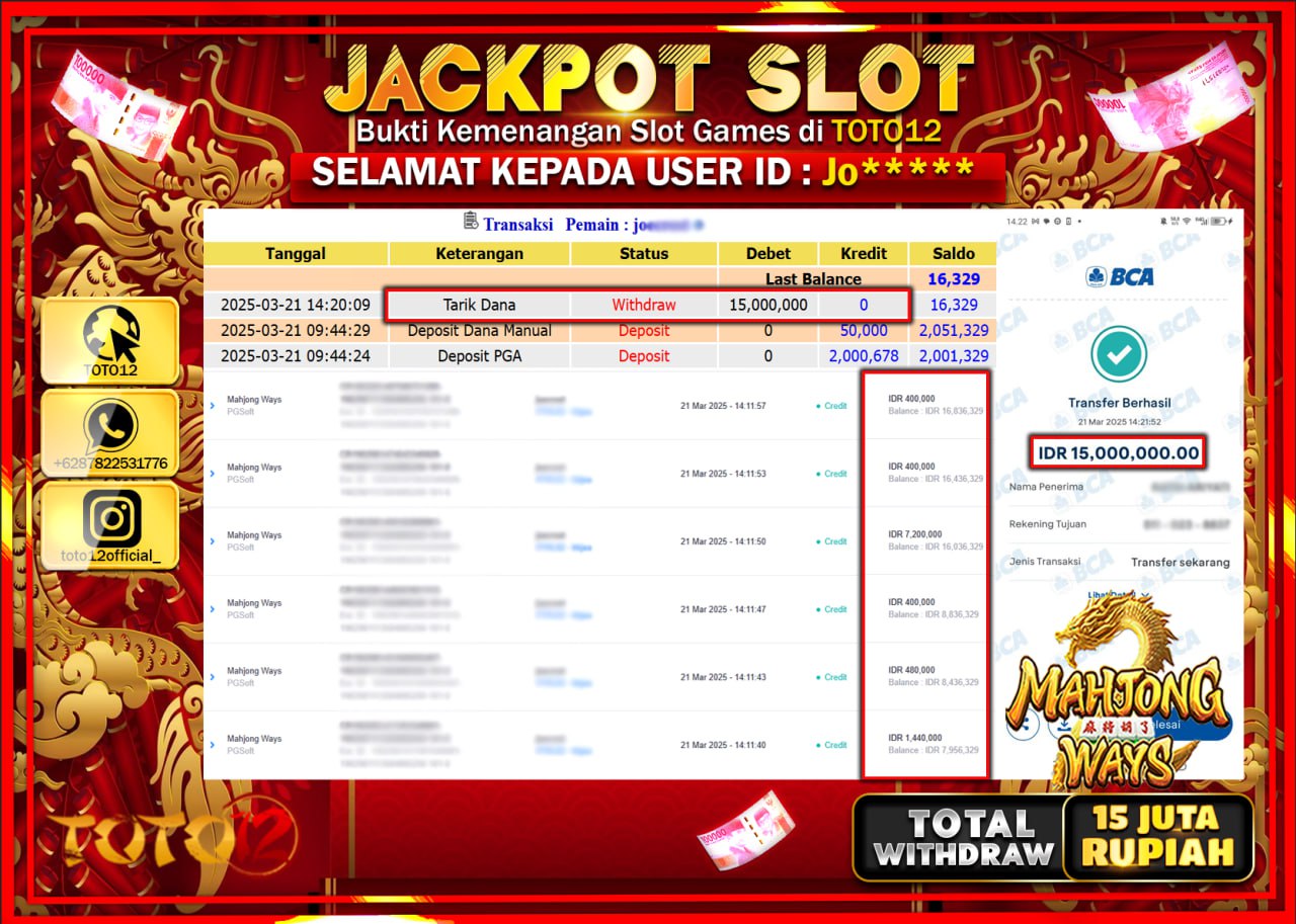 HANYA DI TOTO12 JP PASTI DI BAYAR LUNAS DAN CEPAT!!!!!! JACKPOT SLOT GAME (MAHJONG WAYS ) Rp.15.000.000 !!!!