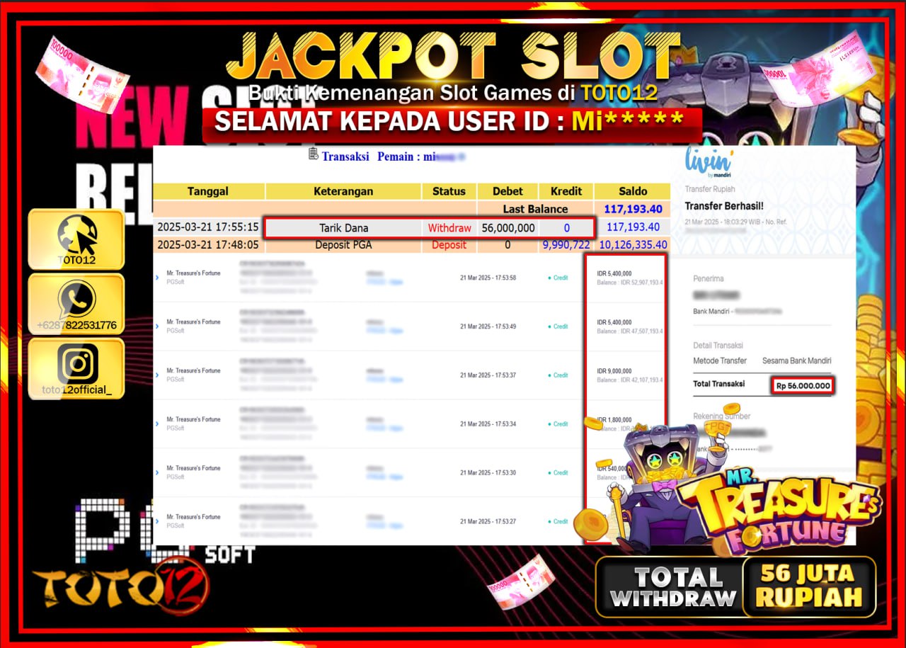 HANYA DI TOTO12 JP PASTI DI BAYAR LUNAS DAN CEPAT!!!!!! JACKPOT SLOT GAME (MR TREASURE FORTUNE) Rp.56.000.000 !!!!