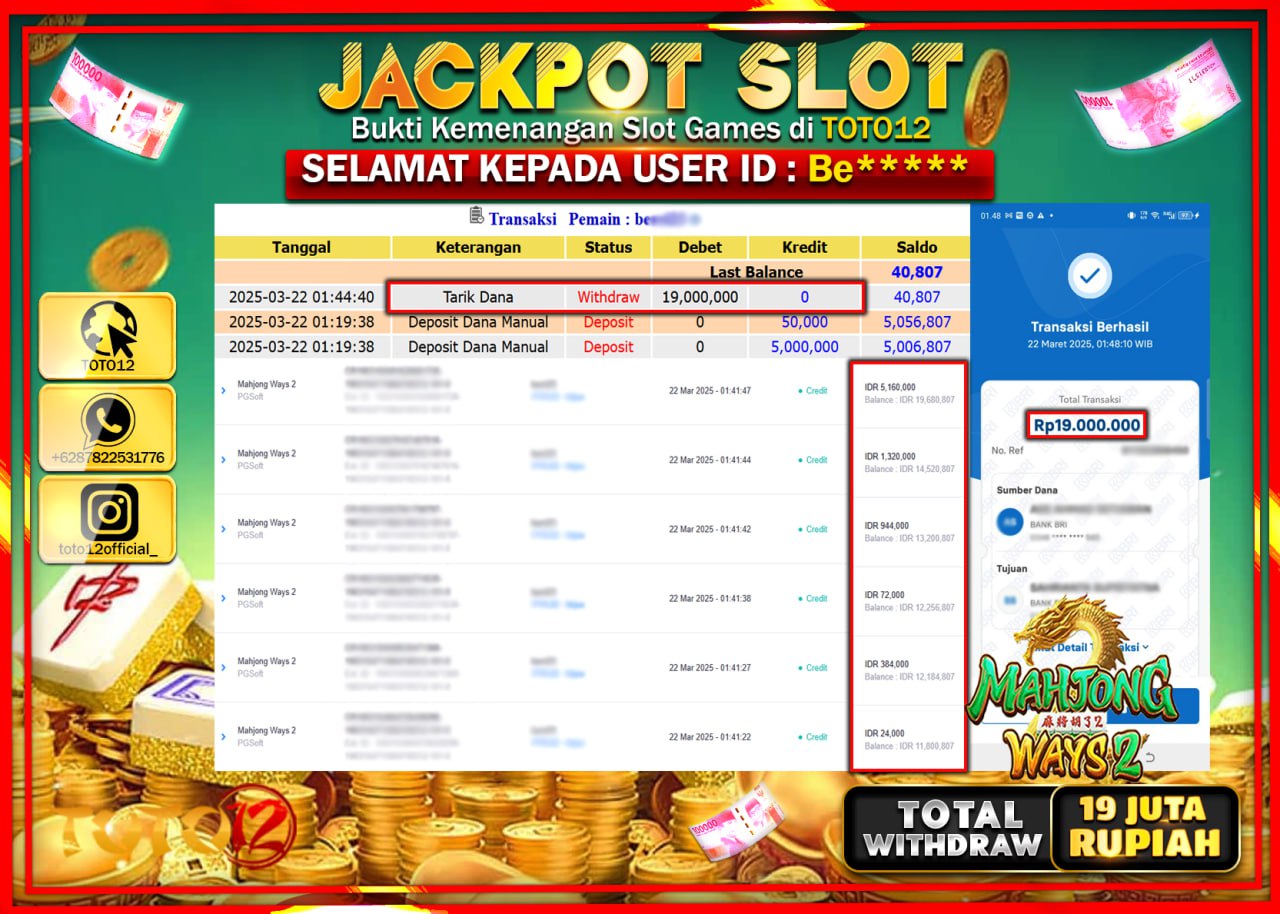 HANYA DI TOTO12 JP PASTI DI BAYAR LUNAS DAN CEPAT!!!!!! JACKPOT SLOT GAME (MAHJONG WAYS 2) Rp.19.000.000 !!!!