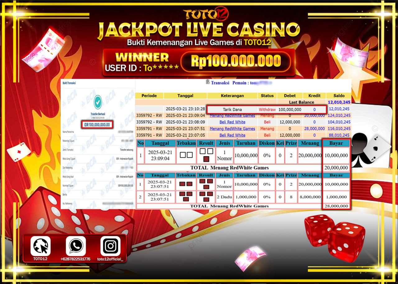 HANYA DI TOTO12 JP PASTI DI BAYAR LUNAS DAN CEPAT!!!!!! JACKPOT  LIVE GAMES CASINO (RED WHITE GAMES) Rp.100.000.000 !!!!