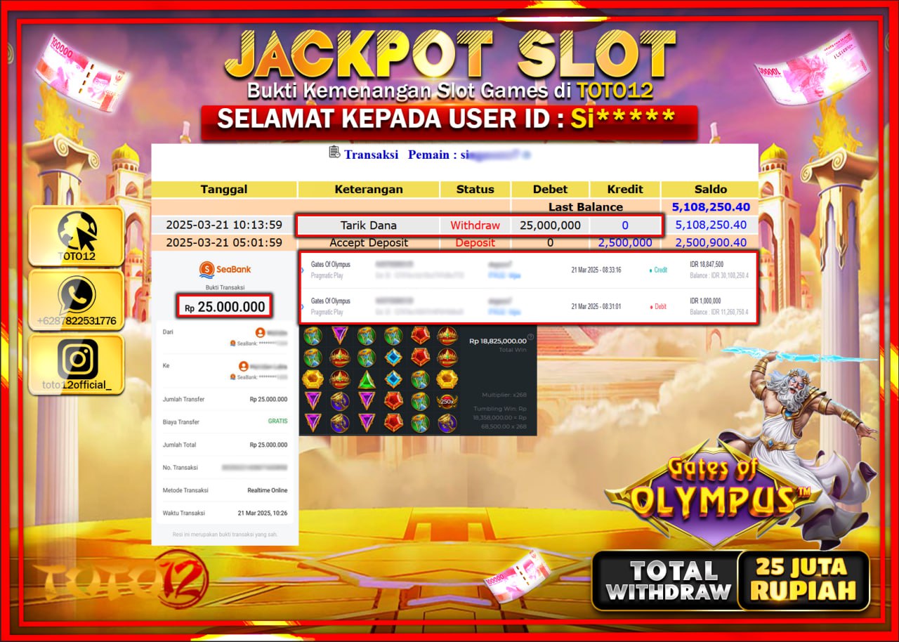 HANYA DI TOTO12 JP PASTI DI BAYAR LUNAS DAN CEPAT!!!!!! JACKPOT SLOT GAME (GATES OF OLYMPUS) Rp.25.000.000 !!!!