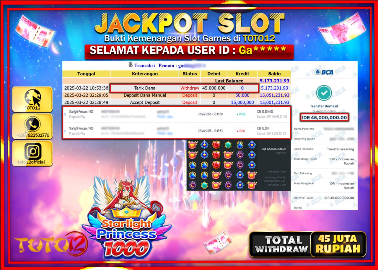 HANYA DI TOTO12 JP PASTI DI BAYAR LUNAS DAN CEPAT!!!!!! JACKPOT SLOT GAME (STARLIGHT PRINCESS 1000) Rp.45.000.000 !!!!