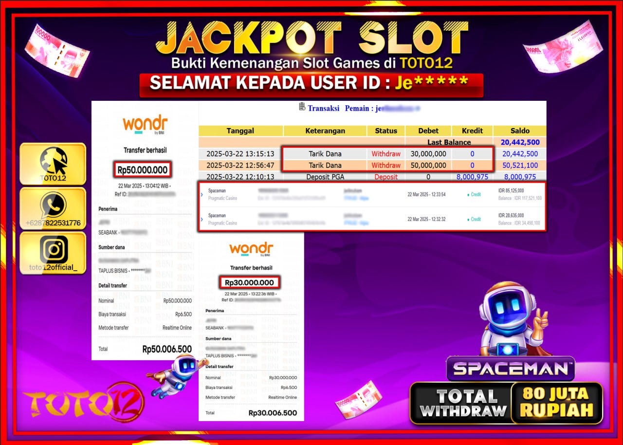 HANYA DI TOTO12 JP PASTI DI BAYAR LUNAS DAN CEPAT!!!!!! JACKPOT SLOT GAME (SPACEMAN) Rp.80.000.000 !!!!
