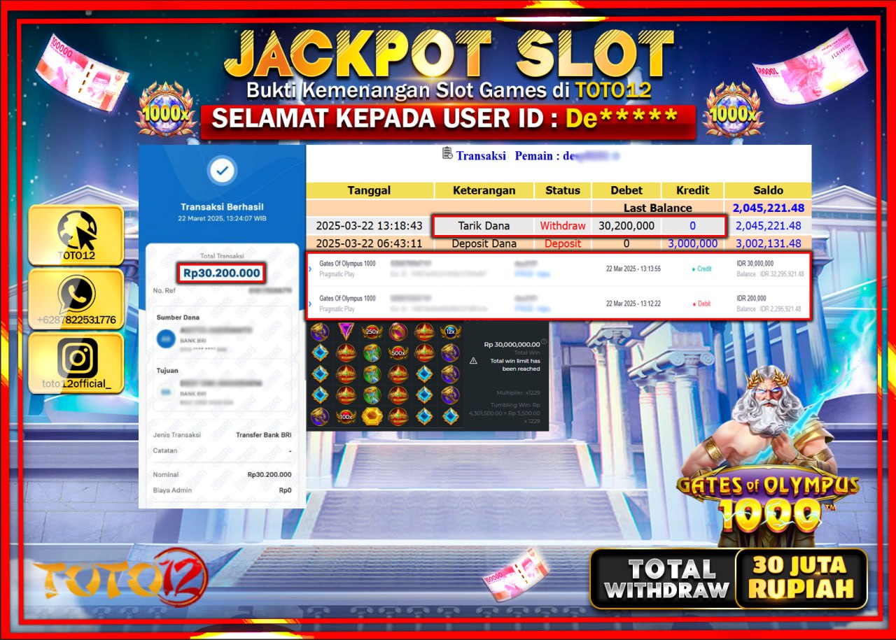 HANYA DI TOTO12 JP PASTI DI BAYAR LUNAS DAN CEPAT!!!!!! JACKPOT SLOT GAME (GATES OF OLYMPUS 1000) Rp.30.000.000 !!!!