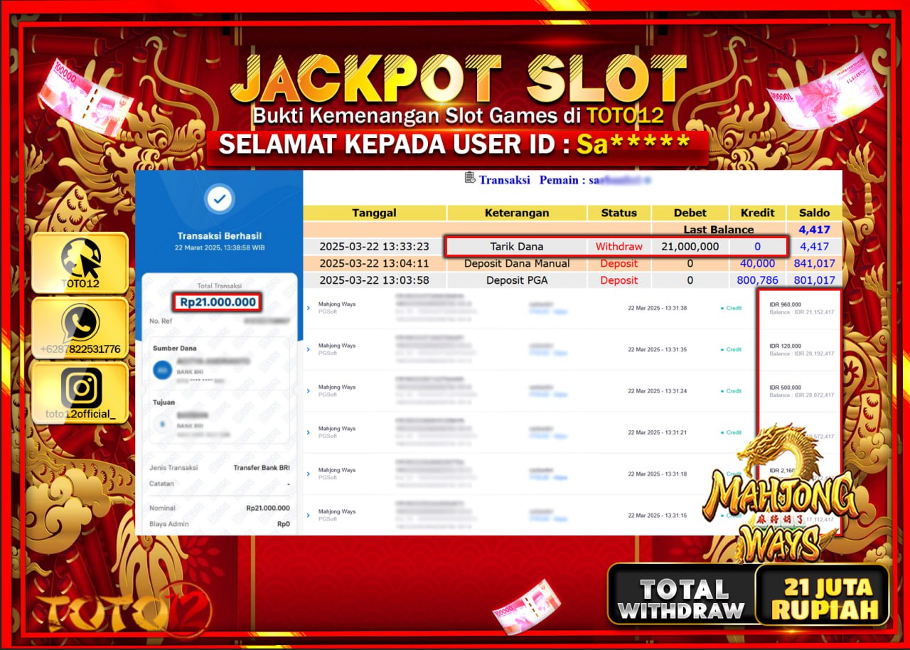 HANYA DI TOTO12 JP PASTI DI BAYAR LUNAS DAN CEPAT!!!!!! JACKPOT SLOT GAME (MAHJONG WAYS) Rp.21.000.000 !!!!