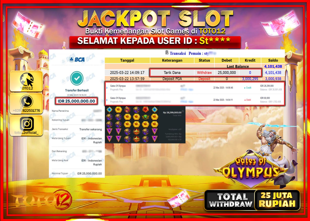 HANYA DI TOTO12 JP PASTI DI BAYAR LUNAS DAN CEPAT!!!!!! JACKPOT SLOT GAME (GATES OF OLYMPUS) Rp.25.000.000 !!!!