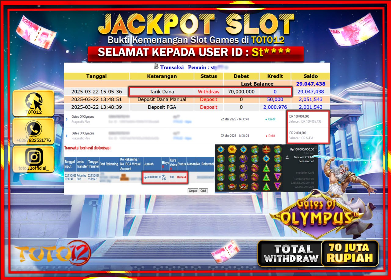 HANYA DI TOTO12 JP PASTI DI BAYAR LUNAS DAN CEPAT!!!!!! JACKPOT SLOT GAME (GATES OF OLYMPUS) Rp.70.000.000 !!!!
