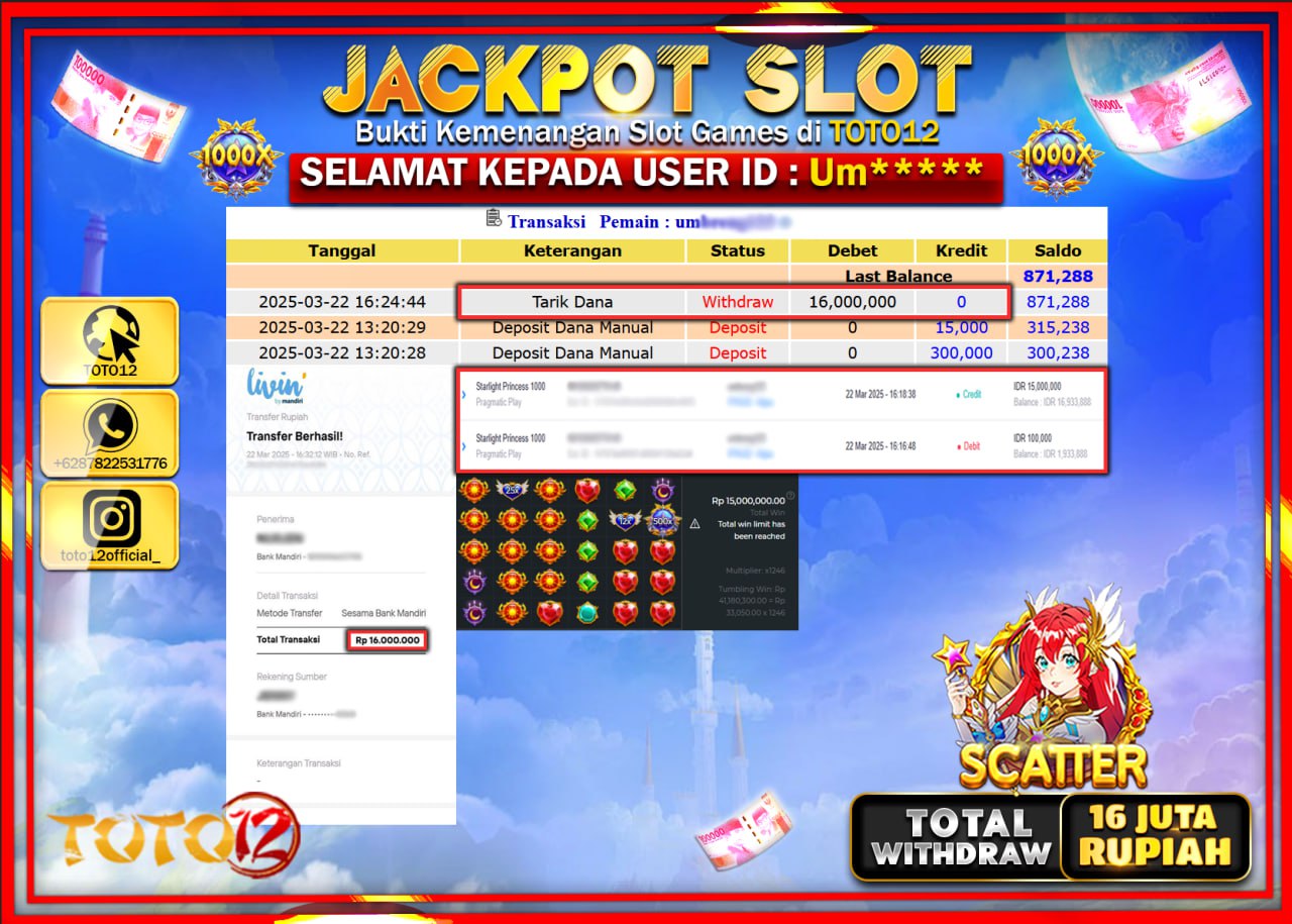 HANYA DI TOTO12 JP PASTI DI BAYAR LUNAS DAN CEPAT!!!!!! JACKPOT SLOT GAME (STARLIGHT PRINCESS 1000) Rp.16.000.000 !!!!