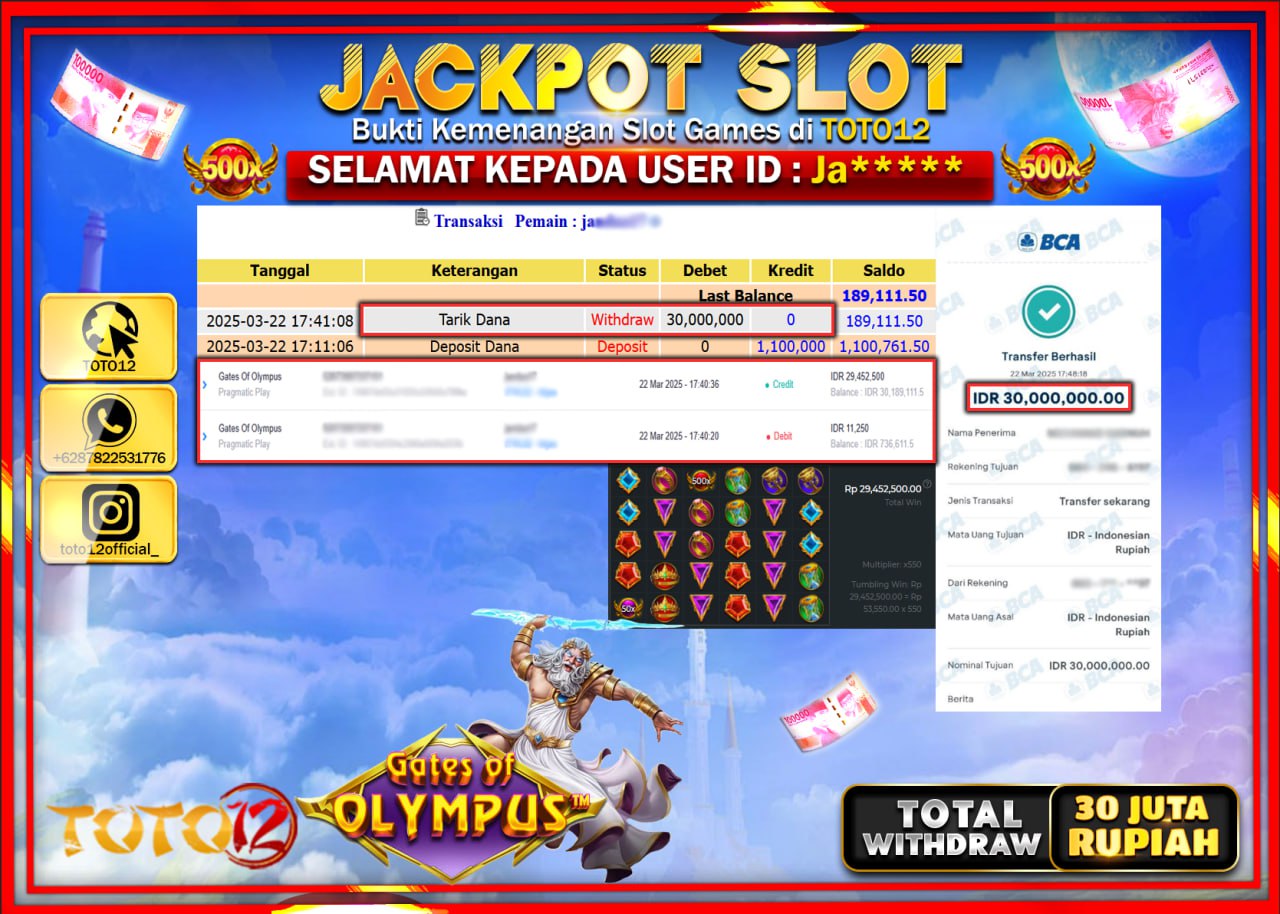 HANYA DI TOTO12 JP PASTI DI BAYAR LUNAS DAN CEPAT!!!!!! JACKPOT SLOT GAME (GATES OF OLYMPUS) Rp.30.000.000 !!!!