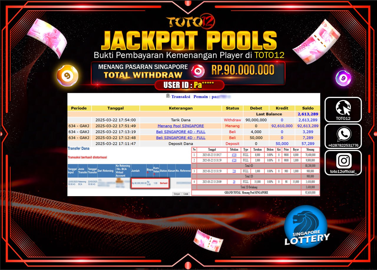 HANYA DI TOTO12 JP PASTI DI BAYAR LUNAS DAN CEPAT!!!!!! JACKPOT POOLS PASARAN (SINGAPORE) Rp.90.000.000 !!!!