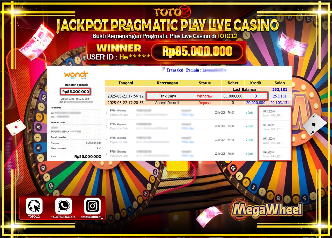 HANYA DI TOTO12 JP PASTI DI BAYAR LUNAS DAN CEPAT!!!!!! JACKPOT PRAGMATIC PLAY LIVE CASINO (MEGA WHEEL) Rp.85.000.000 !!!!