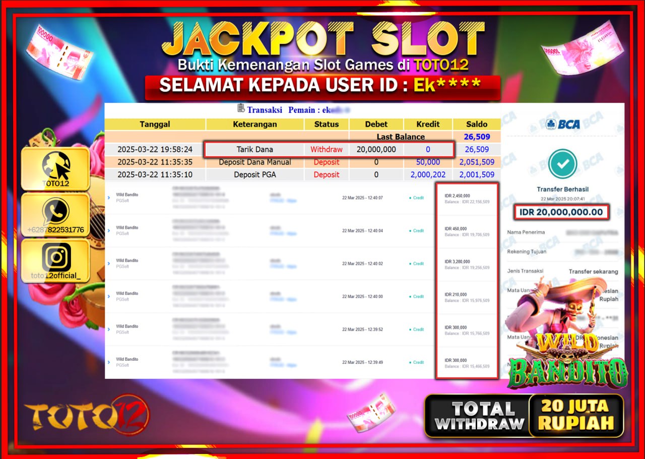 HANYA DI TOTO12 JP PASTI DI BAYAR LUNAS DAN CEPAT!!!!!! JACKPOT SLOT GAME (WILD BANDITO) Rp.20.000.000 !!!!