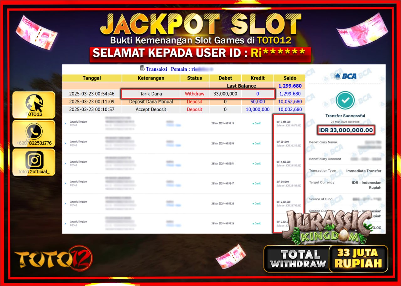 HANYA DI TOTO12 JP PASTI DI BAYAR LUNAS DAN CEPAT!!!!!! JACKPOT SLOT GAME (JURASSIC KINGDOM) Rp.33.000.000 !!!!