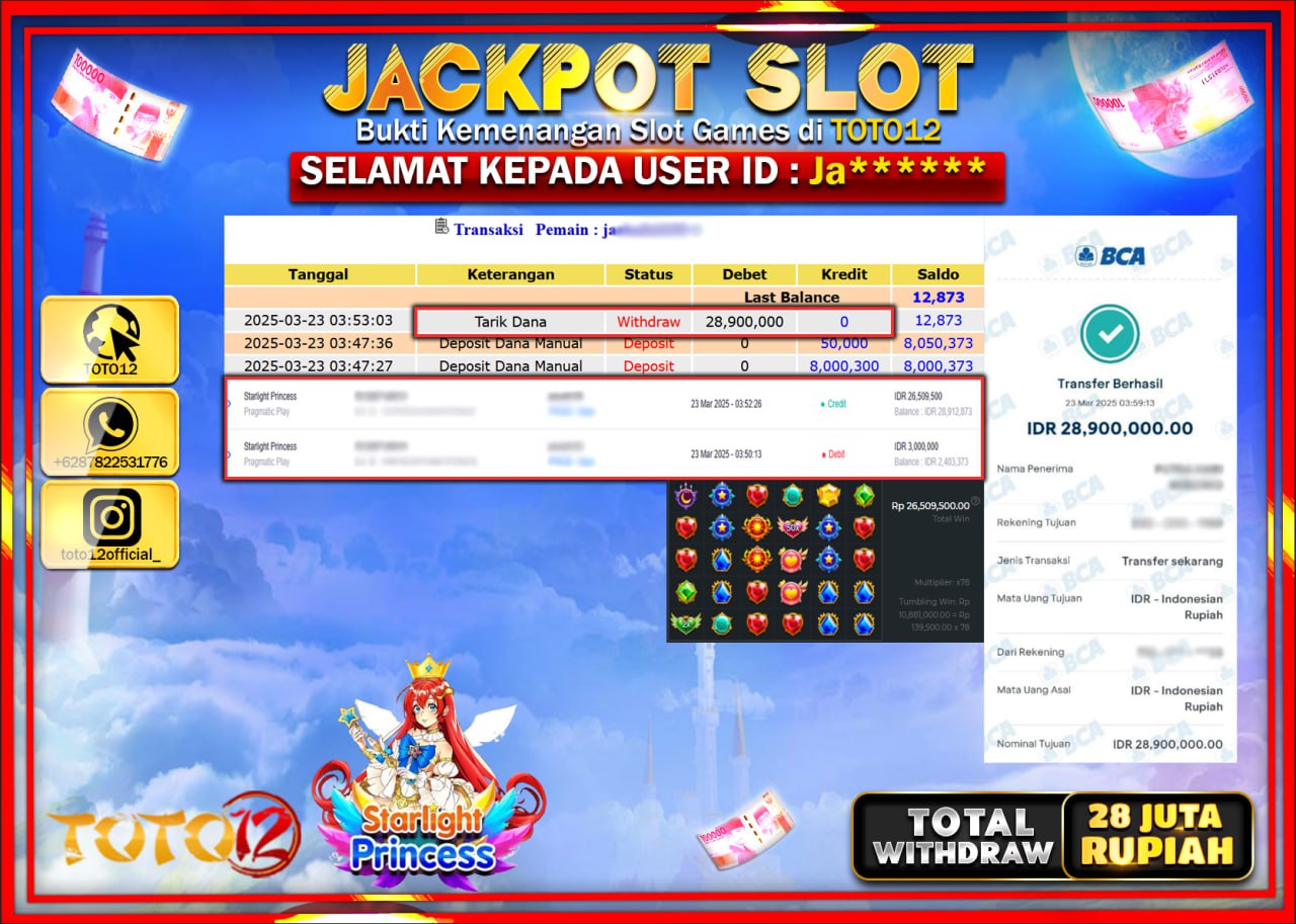 HANYA DI TOTO12 JP PASTI DI BAYAR LUNAS DAN CEPAT!!!!!! JACKPOT SLOT GAME (STARLIGHT PRINCESS) Rp.28.000.000 !!!!
