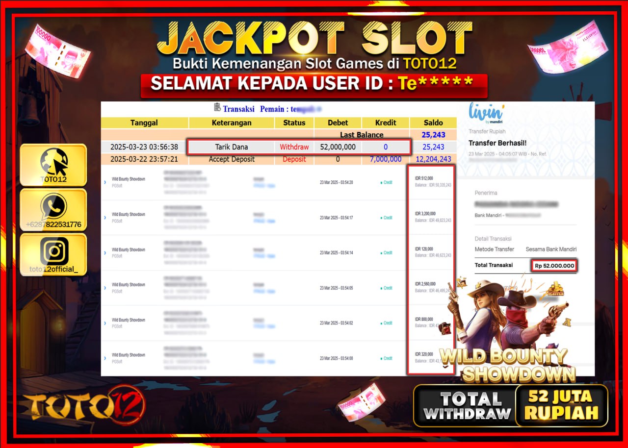 HANYA DI TOTO12 JP PASTI DI BAYAR LUNAS DAN CEPAT!!!!!! JACKPOT SLOT GAME (WILD BOUNTY SHOWDOWN) Rp.52.000.000 !!!!