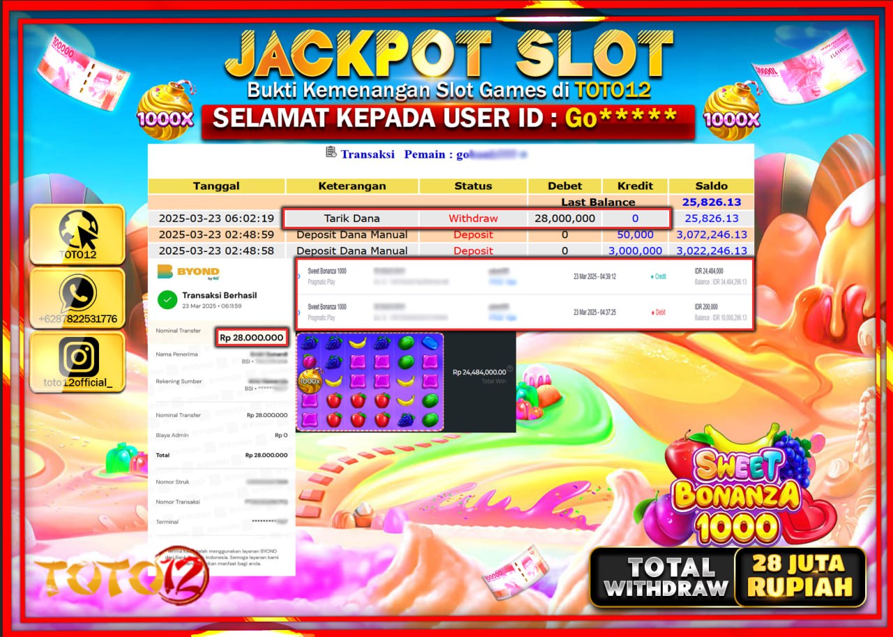 HANYA DI TOTO12 JP PASTI DI BAYAR LUNAS DAN CEPAT!!!!!! JACKPOT SLOT GAME (SWEET BONANZA 1000) Rp.28.000.000 !!!!
