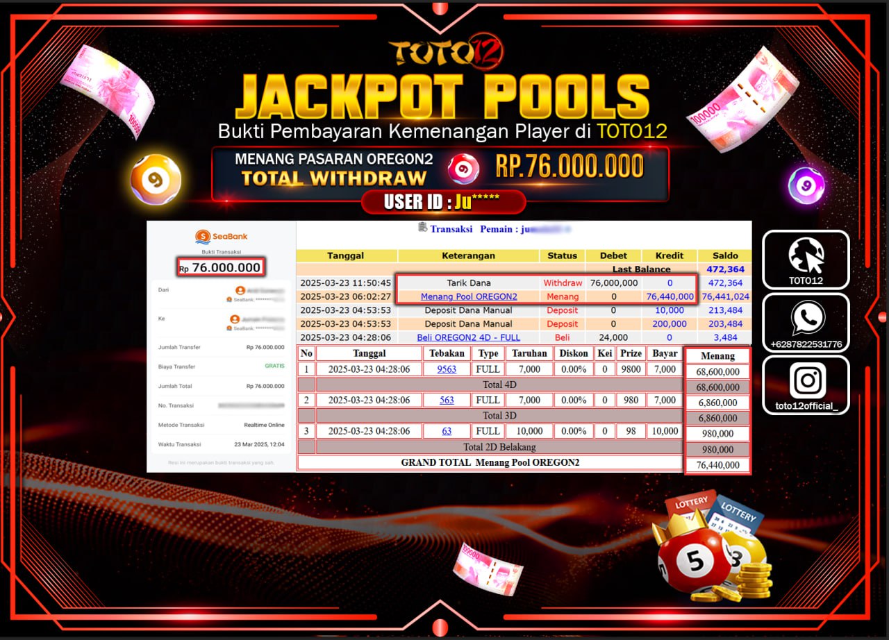 HANYA DI TOTO12 JP PASTI DI BAYAR LUNAS DAN CEPAT!!!!!! JACKPOT POOLS PASARAN (OREGON 2) Rp.76.000.000 !!!!