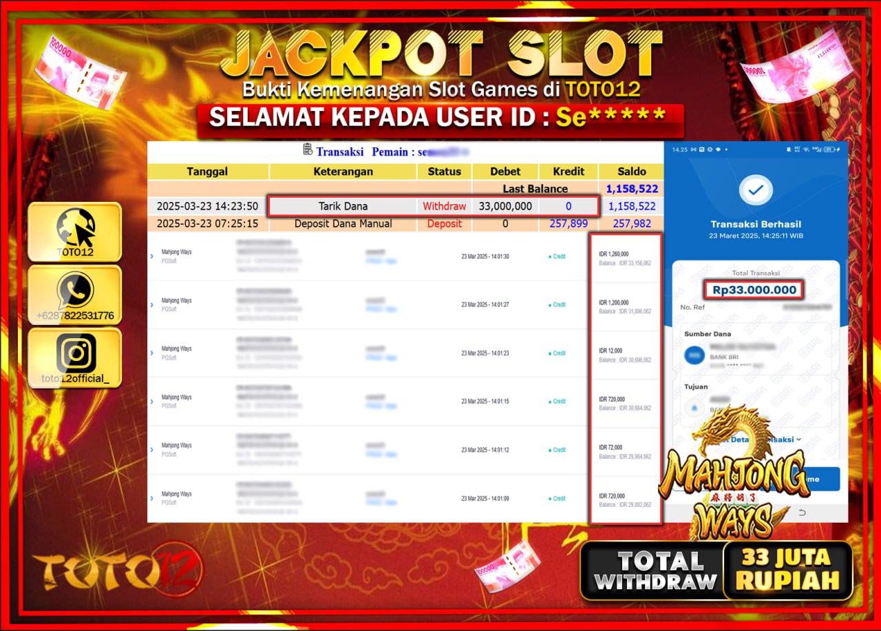 HANYA DI TOTO12 JP PASTI DI BAYAR LUNAS DAN CEPAT!!!!!! JACKPOT SLOT GAME (MAHJONG WAYS) Rp.33.000.000 !!!!