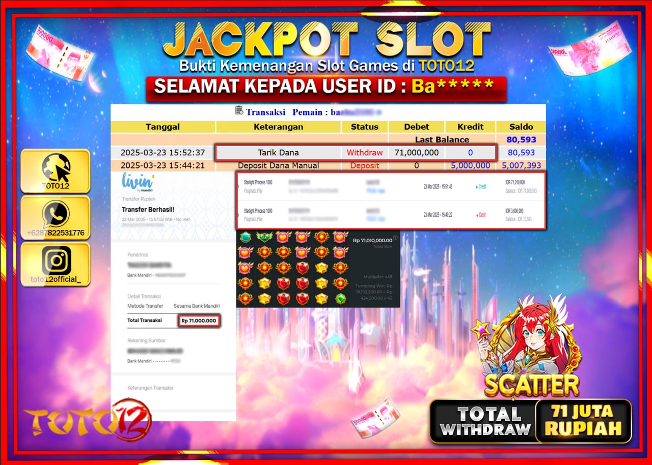 HANYA DI TOTO12 JP PASTI DI BAYAR LUNAS DAN CEPAT!!!!!! JACKPOT SLOT GAME (STARLIGHT PRINCESS 1000) Rp.71.000.000 !!!!