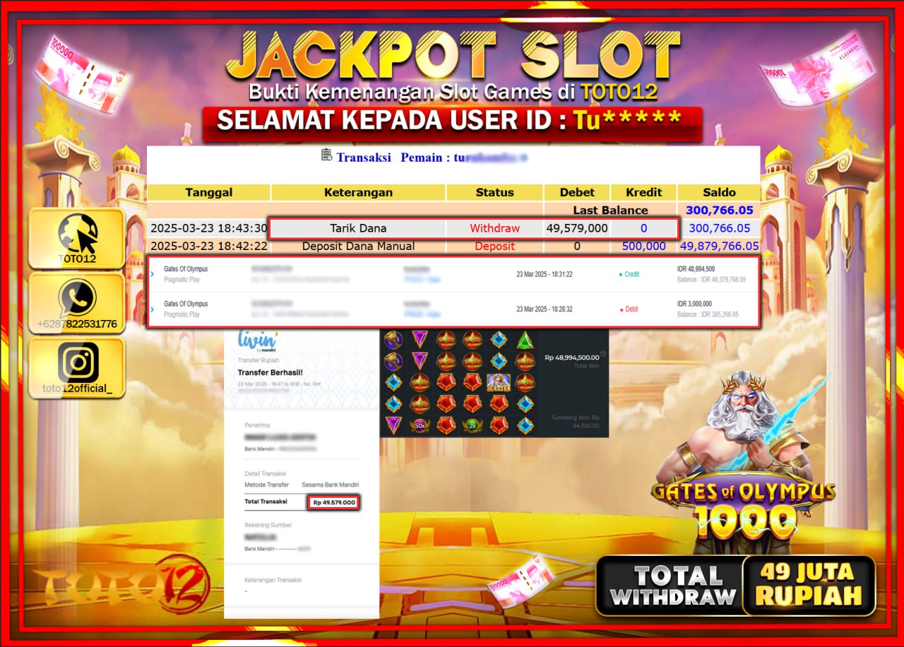 HANYA DI TOTO12 JP PASTI DI BAYAR LUNAS DAN CEPAT!!!!!! JACKPOT SLOT GAME (GATES OF OLYMPUS 1000) Rp.49.000.000 !!!!