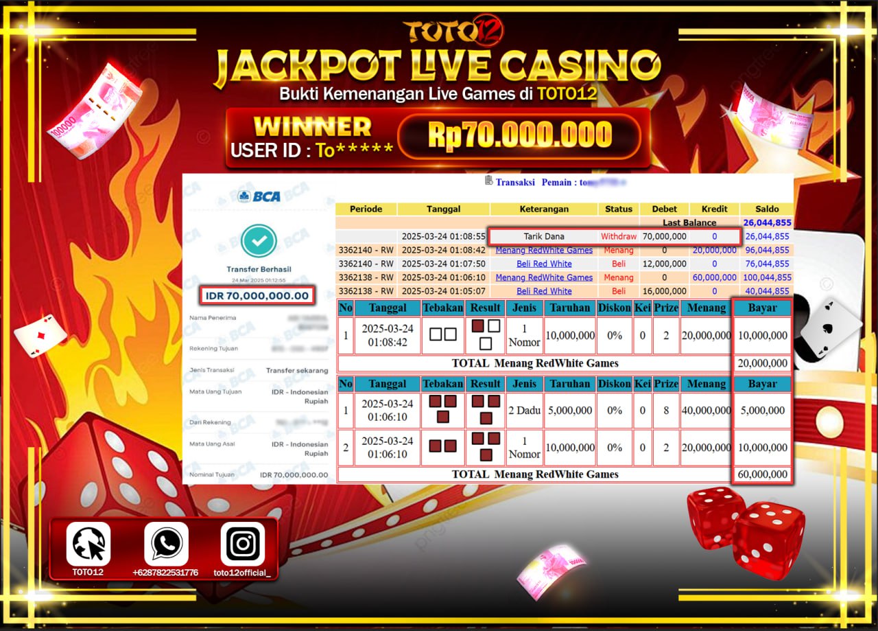 HANYA DI TOTO12 JP PASTI DI BAYAR LUNAS DAN CEPAT!!!!!! JACKPOT LIVE GAMES CASINO (RED WHITE) Rp.70.000.000 !!!!