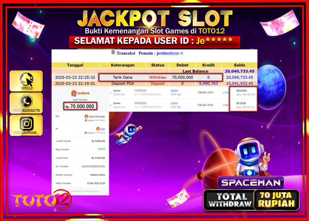 HANYA DI TOTO12 JP PASTI DI BAYAR LUNAS DAN CEPAT!!!!!! JACKPOT SLOT GAME (SPACEMAN) Rp.70.000.000 !!!!